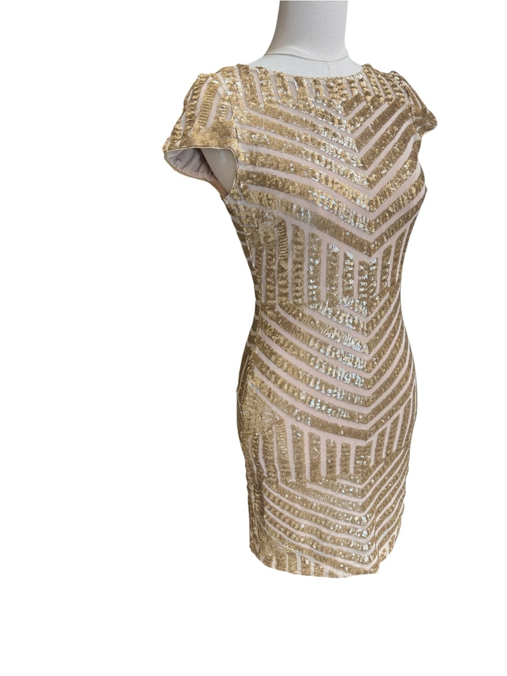 Dress the Population Tabitha Sequin Mini Dress Gold Nude Art Deco Open Back M - Picture 5 of 11
